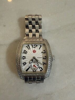Michele Silver Tonneau Diamond Accent Watch with White Dial